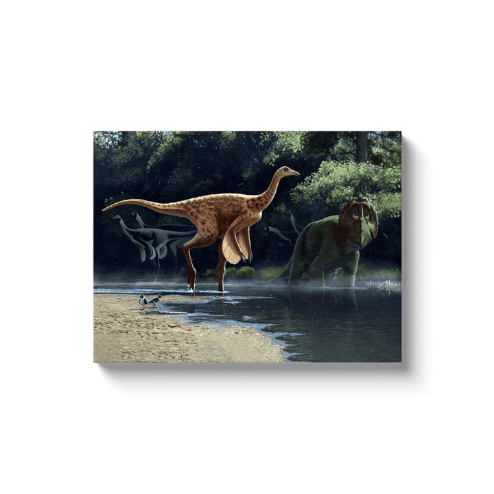 The Rativates Canvas Wrap by Jurassic Studio features a dinosaur at a water’s edge in a dense forest with a small bird, while shadows of other dinosaurs, including a large predator, add intrigue—ideal for dinosaur art and canvas wall art lovers.