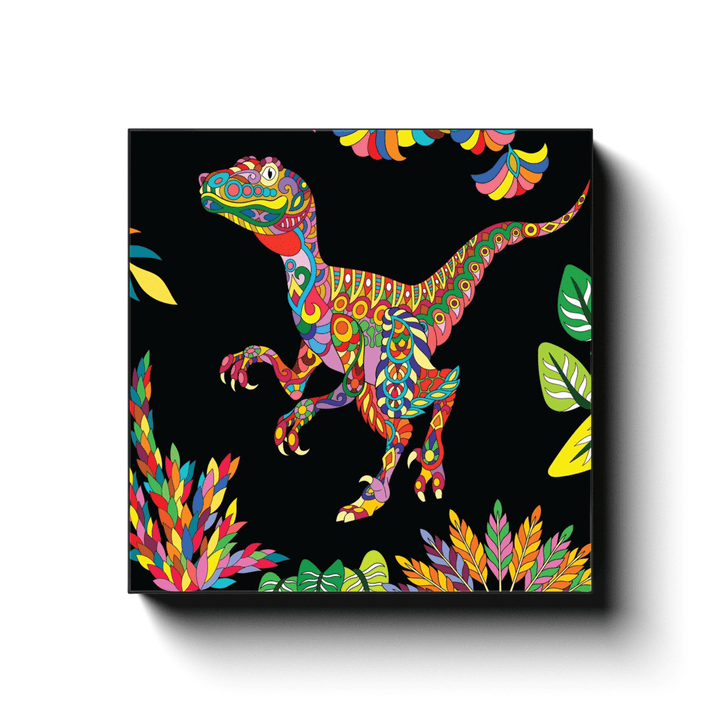 The Velociraptor Zentangle Canvas Wrap by Jurassic Studio features a colorful, intricately patterned dinosaur amid vibrant leaves on a black background in a whimsical folk art style—an eye-catching addition to your wall decor.