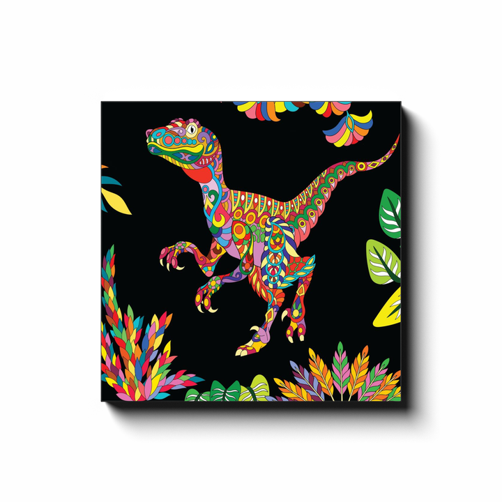 The Velociraptor Zentangle Canvas Wrap by Jurassic Studio features a colorful, detailed dinosaur design set against black with vivid leaves—a unique piece of wall art for any space.