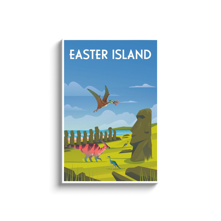 The Easter Island Canvas Wrap by Jurassic Studio features dinosaur art, birds, and two moai statues on a grassy landscape under a blue sky—an eye-catching wall art piece for any room.
