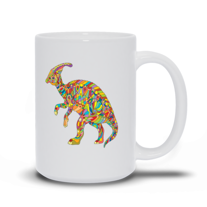 The Jurassic Studio Hadrosaur Zentangle Mug is a white ceramic mug featuring a vibrant geometric Parasaurolophus design—perfect for fans of exclusive dinosaur art.