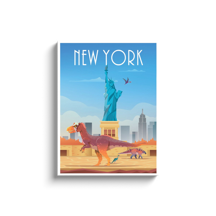 The New York Canvas Wrap by Jurassic Studio features a vibrant dinosaur artwork with the Statue of Liberty and skyscrapers, plus cartoon dinosaur babies under a blue sky—perfect wall art for any room.
