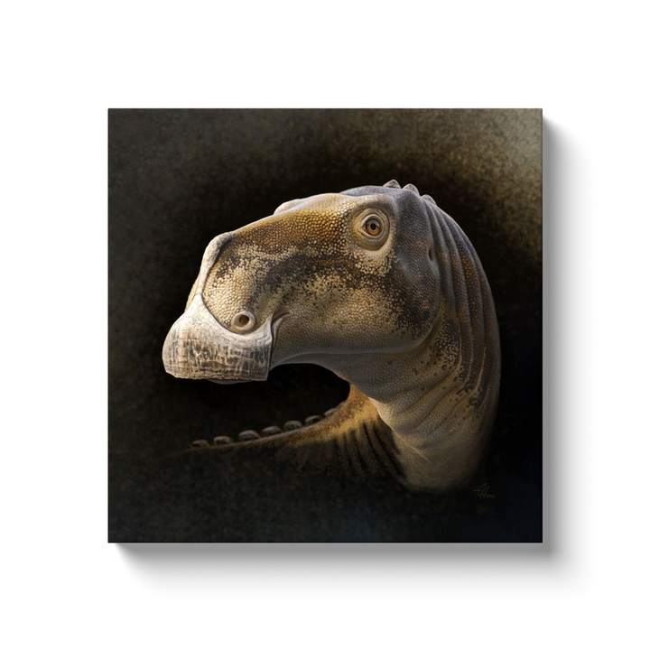 The Acristavus Portrait Canvas Wrap by Jurassic Studio features a digital illustration of a long-necked, prehistoric dinosaur with textured brown skin and a rounded snout on a dark background. Perfect dinosaur wall art for any space.