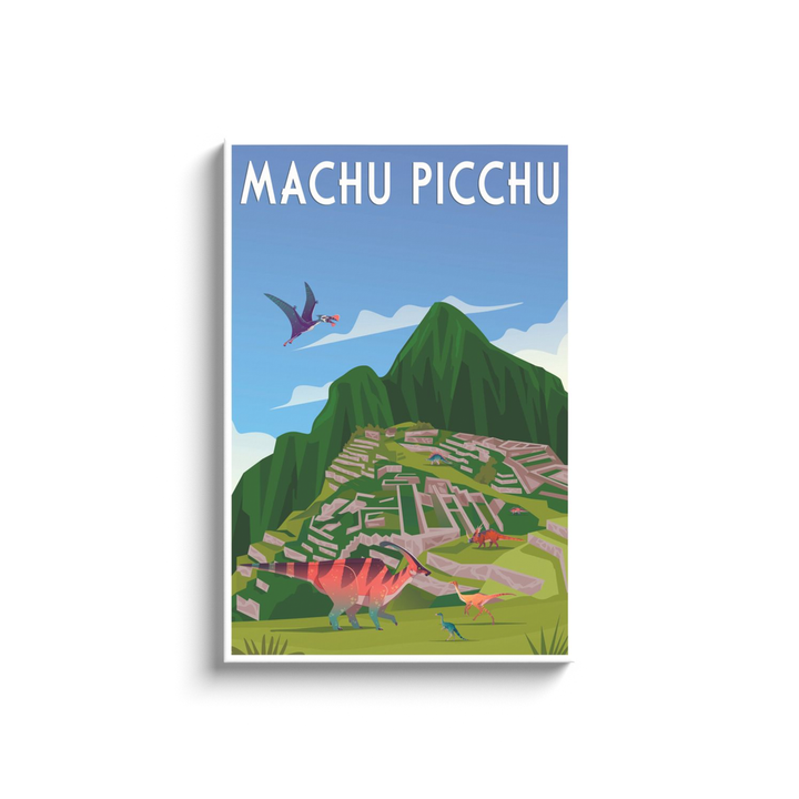 The Machu Picchu Canvas Wrap by Jurassic Studio features illustrated dinosaurs and a flying pterosaur amid ancient ruins under a blue sky. Bold white Machu Picchu text tops this unique art, perfect for canvas wall displays.