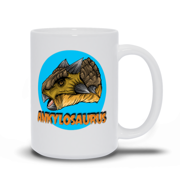 The Ankylosaurus Portrait Mug by Jurassic Studio features a white ceramic design with a cartoon ankylosaurus in a blue circle and bold orange ANKYLOSAURUS text—perfect for any dino enthusiast.