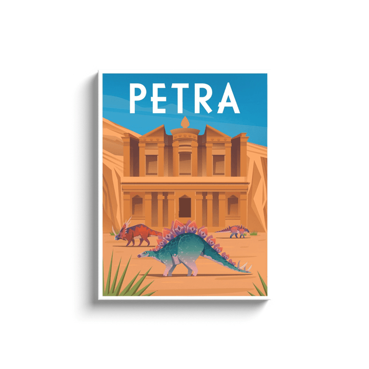 Jurassic Studios Petra Canvas Wrap features a vibrant illustration of Petra’s ancient facade with three dinosaurs under a blue sky. “PETRA” is boldly written on this unique wall art, making it a standout piece for any space.