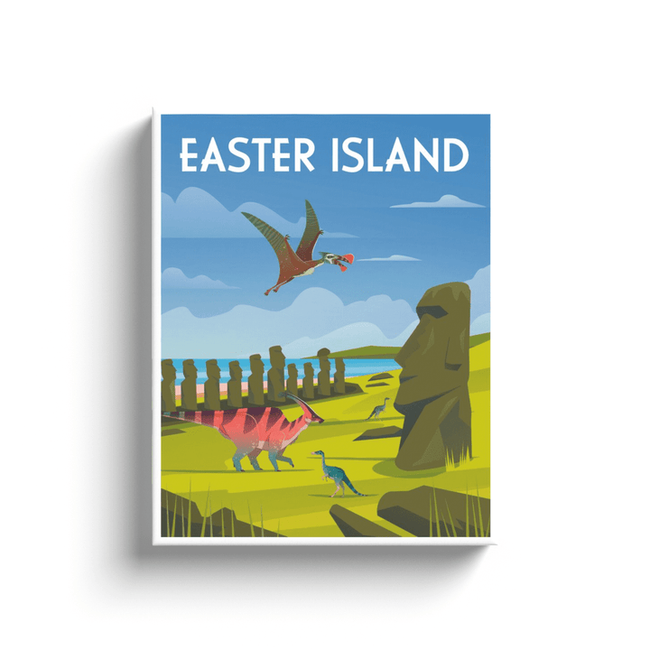 The Jurassic Studio Easter Island Canvas Wrap features Moai statues, three dinosaurs, and a pterosaur in a green landscape under a blue sky with EASTER ISLAND at the top.