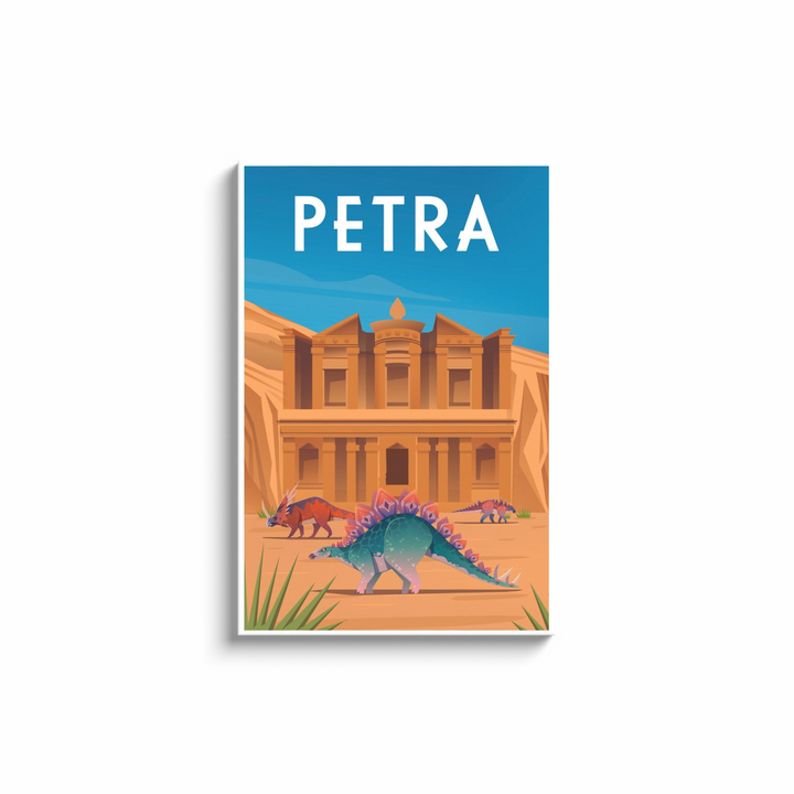 The Petra Canvas Wrap by Jurassic Studio features stunning dinosaur artwork of the ancient Petra Treasury, including a stegosaurus in the foreground under a blue sky.