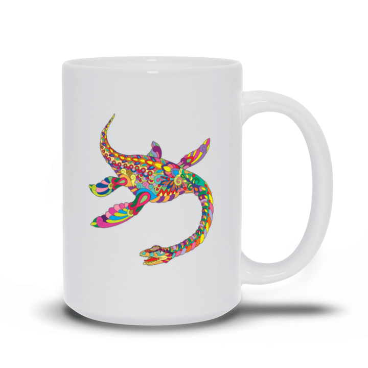 The Plesiosaurus Zentangle Mug by Jurassic Studio features a vibrant, psychedelic-style marine reptile design in red, pink, green, yellow, and blue—an eye-catching ceramic mug for any Jurassic collection.