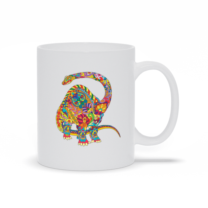 The Brontosaurus Zentangle Mug by Jurassic Studio is a ceramic mug featuring a bright, intricate dinosaur illustration—perfect for any dino lover.