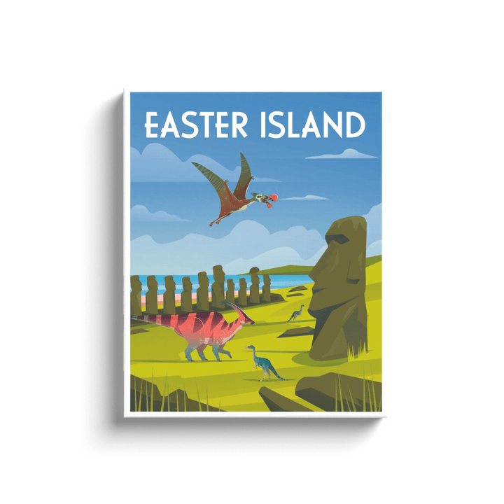 The Easter Island Canvas Wrap by Jurassic Studio features a vibrant Moai statue, stone figures, and three colorful dinosaurs in a grassy landscape—ideal for dinosaur art or canvas wall art enthusiasts.