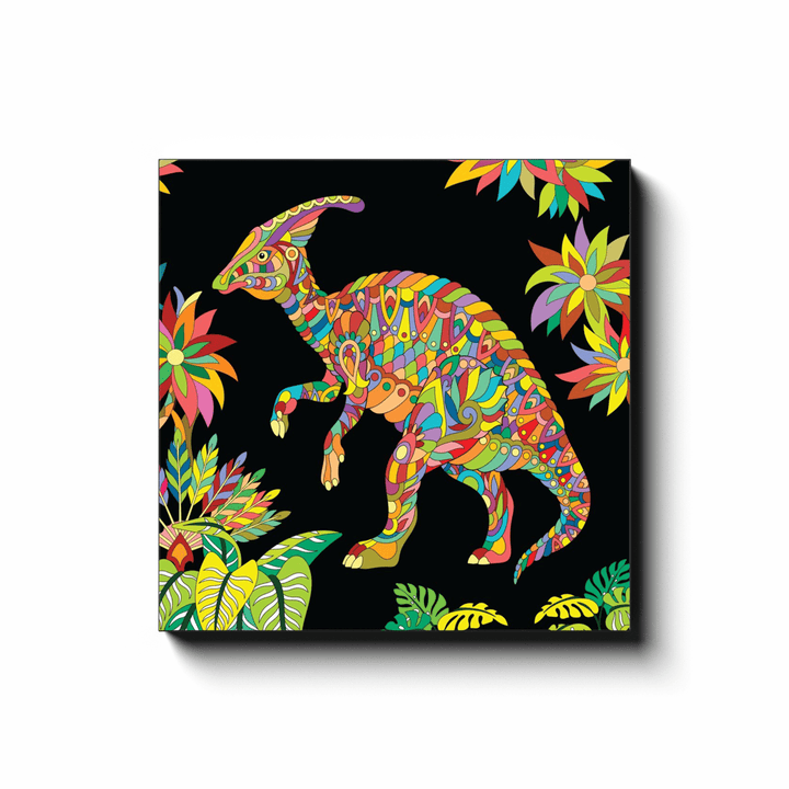 The Hadrosaur Zentangle Canvas Wrap by Jurassic Studio features a colorful patterned dinosaur among vibrant abstract flowers and leaves on a black background—perfect wall art to add energy to any space.