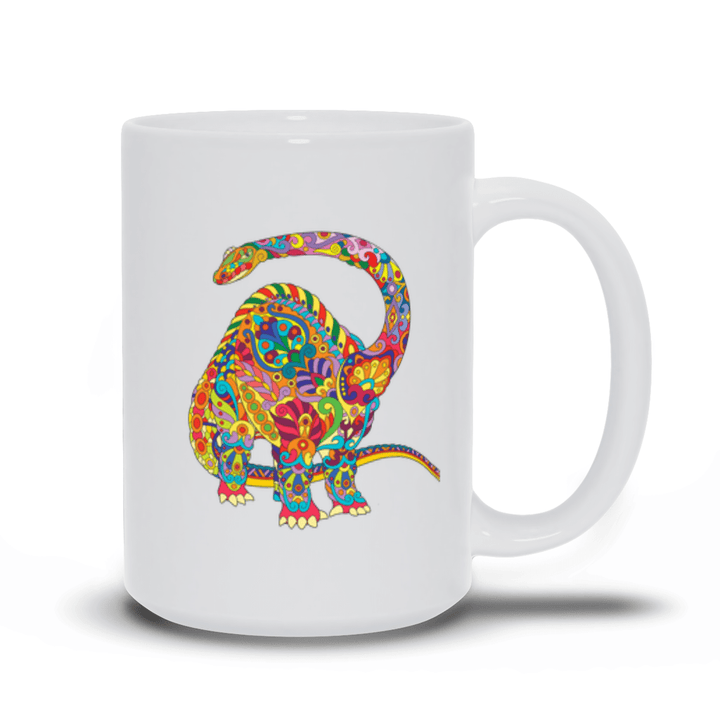 The Brontosaurus Zentangle Mug by Jurassic Studio features a vibrant, floral-patterned dinosaur design in red, yellow, blue, and green—perfect for any dinosaur mug collection.