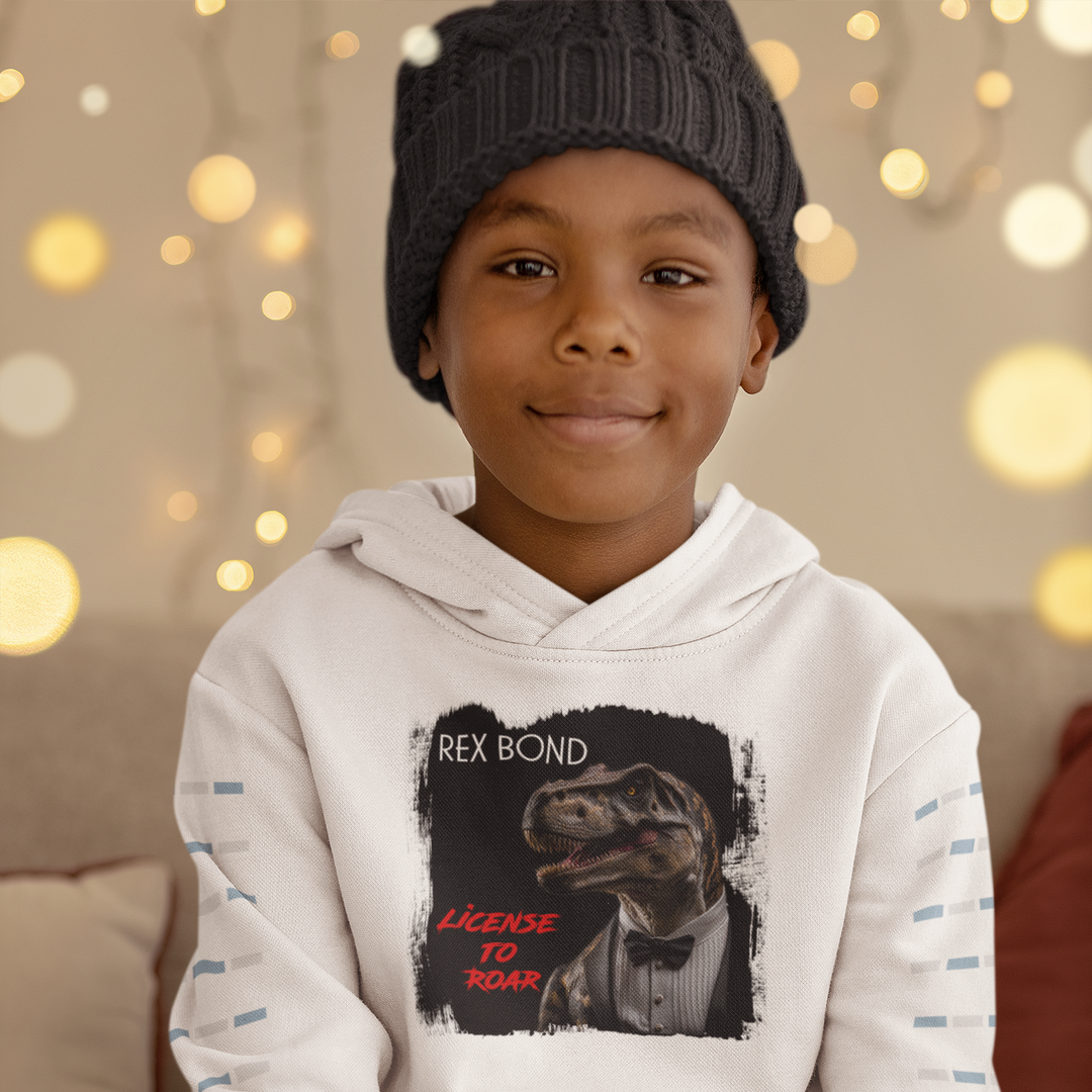 A young boy wears the Jurassic Studio Kids Rex Bond Hoodie, a cozy white hoodie featuring a dinosaur in a tuxedo with REX BOND LICENSE TO ROAR design. Warm, blurry indoor lights make it an ideal gift for any dinosaur fan.